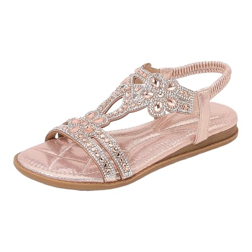 Generisch Sandalen Damen Sommer Freizeit Flache Sandalette Bohemia Sandals mit Strass Perlen Freizeit Elegant Strand Schuhe von Generisch