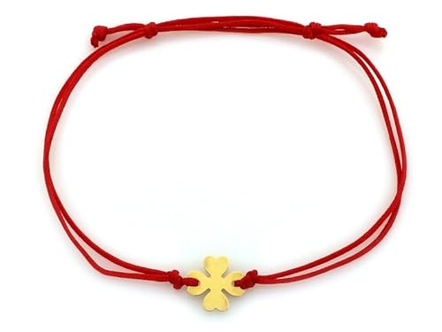 Generisch Sapphir Damen Mädchen Gold Armband mit Echtes 4-blättriges Kleeblatt Anhänger - Solide 14 Karat 585 Stoff-Armband Rot - Glücksbringer Klee Größenverstellbar - inkl Zwei Luxusgeschenke von Generisch