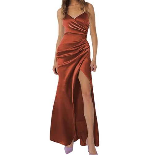 Generisch Satin Brautjungfernkleid Spaghettiträger Ballkleider Lang mit Schlitz Falte Abendkleider Damen Abendkleid Ärmelloses Maxikleid Partykleid Cocktailkleid (Z3-Brown, S) von Generisch