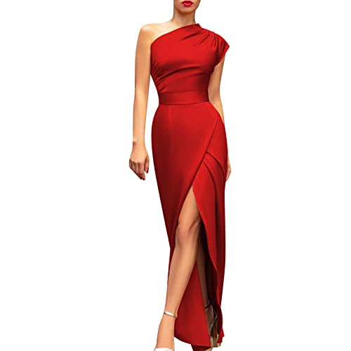 Generisch Satin Brautjungfernkleid Spaghettiträger Ballkleider Lang mit Schlitz Falte Abendkleider Damen Abendkleid Ärmelloses Maxikleid Partykleid Cocktailkleid (Z5-Red, L) von Generisch