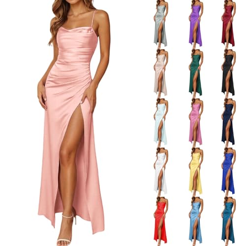 Generisch Satin Brautjungfernkleid Spaghettiträger Ballkleider Lang mit Schlitz Meerjungfrau Falte Abendkleider S-3XL von Generisch