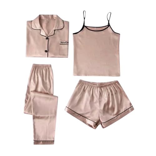 Generisch Satin Pyjama Damen Kurz 4 Teiliges Kurzarm Schlafanzug Nachtwäsche Cami Und Shorts Set Frauen Silk Pjs Sets Hemd Und Shorts Lange Hose Hausanzug Loungewear von Generisch