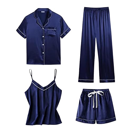 Generisch Satin-Pyjama für Damen, kurz, 4-teilig, Pyjama, kurzärmelig, Nachtwäsche und Shorts-Set, Damen-Sets, Freizeitanzug, Loungewear Nachtwäsche Damen Overall (Navy, M) von Generisch