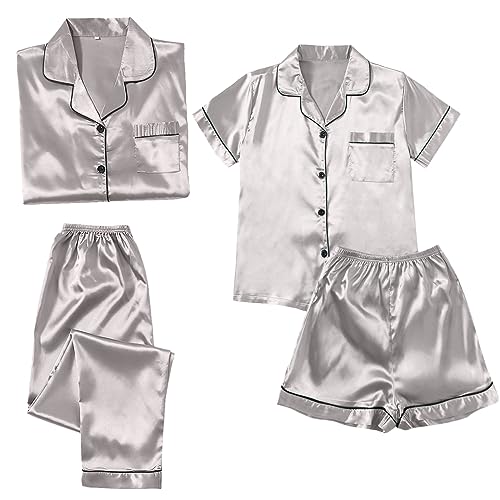 Satin Schlafanzug Damen Set Seide Pyjama - Lang 4-Teiliges Sets Frauen Silk Pjs Hemd Und Shorts Lange Hose Kuschel Pijamas Elegant Damenschlafanzug Hausanzug Loungewear von Generisch