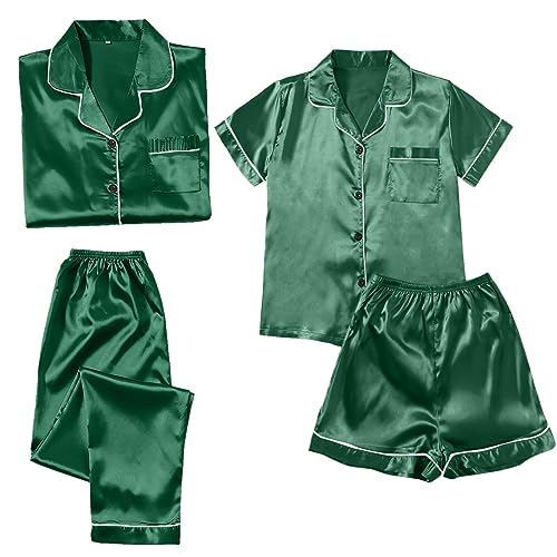 Satin Schlafanzug Damen Set Seide Pyjama - Lang 4-Teiliges Sets Frauen Silk Pjs Hemd Und Shorts Lange Hose Kuschel Pijamas Elegant Damenschlafanzug Hausanzug Loungewear von Generisch