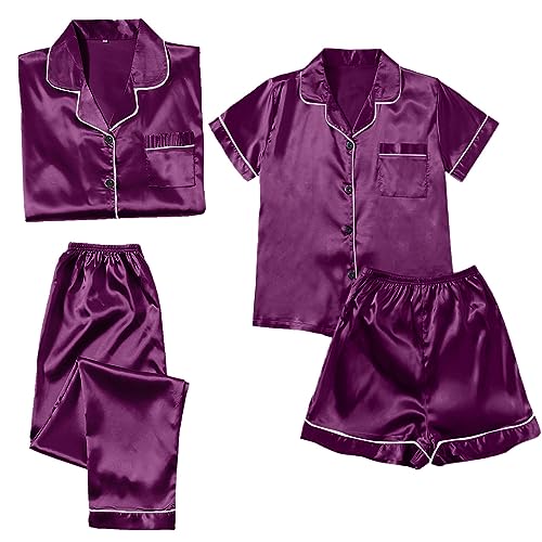 Satin Schlafanzug Damen Set Seide Pyjama - Lang 4-Teiliges Sets Frauen Silk Pjs Hemd Und Shorts Lange Hose Kuschel Pijamas Elegant Damenschlafanzug Hausanzug Loungewear von Generisch