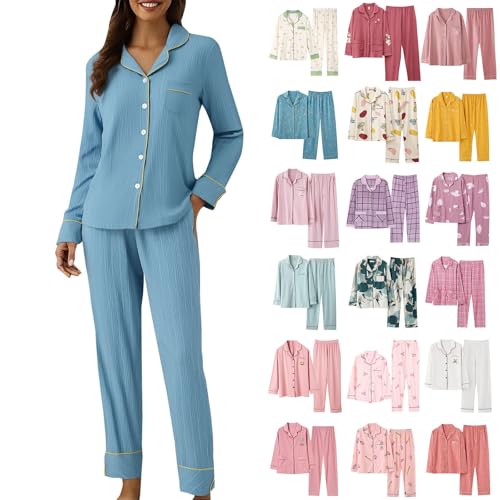 Generisch Schlafanzüge Für Damen Pjama Set Schlafanzug Einfarbig Leichter Weichem Loungewear Mit Knöpfe Nachtwäsche Und Pyjamahose 2 Teilig Outfit Casual Elegant Hausanzug Home Freizeitanzug von Generisch