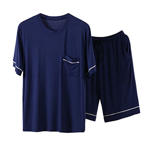 Generisch Schlafanzüge Für Herren- Rundhals Einfarbig Sommer Hausanzug Nachtwäsche Kurz Weich Regular Fit Pyjama Set Pyjamahose Baumwolle Kurzarm Tasche Große Größen Schlafanzug Zweiteiliger von Generisch