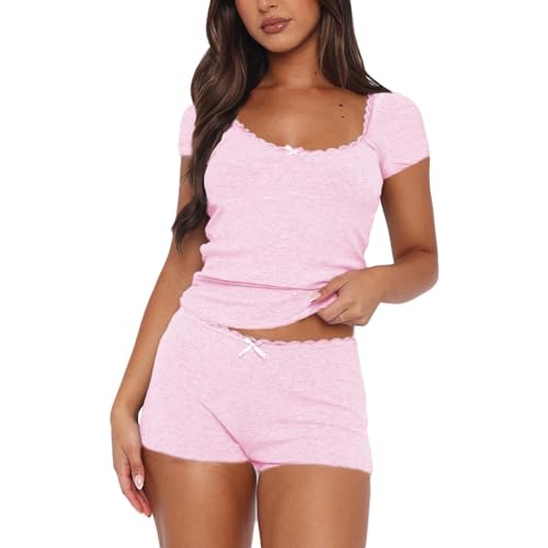 Generisch Schlafanzug Baumwolle Damen Kurze Pyjamahose Damen Damen-Pyjama-Set mit Spitzenbesatz, 2 Stück, Kurzarm-Oberteil, Shorts, passende Schlaf-Outfit-Sets Matching Pyjamas Couple Satin (Pink, M) Generisch Schlafanzug Baumwolle Damen Kurze Pyjamahose Damen Damen-Pyjama-Set mit Spitzenbesatz, 2 Stück, Kurzarm-Oberteil, Shorts, passende Schlaf-Outfit-Sets Matching Pyjamas Couple Satin (Pink, M) von Generisch