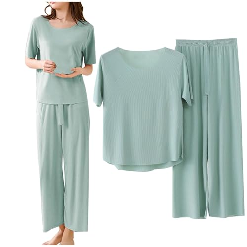 Schlafanzug Damen Baumwolle Kurzarm, Pyjama Damen Set 2Teilig Nachthemden Große Größen Zweiteiliger Einfarbig Loungewear Lang Hose Rundhals Homewear Casual Hausanzug Leichte Dünne Sleepwear von Generisch