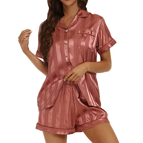 Generisch Schlafanzug Damen Damen Pyjama Homewear Set Zweiteilige Loungewear Button-Down Anzüge Nachtwäsche Homewear Set Kurzarm Shorts Pyjama Set Schlafanzug Damen (Hot Pink, L) von Generisch