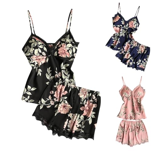 Generisch Schlafanzug Damen Kurz Pyjama Set Ärmellose Sommer Nachtwäsche Set V-Ausschnitt Druck Sleepwear Zweiteiliger mit Damen Pyjamahose und Shirt Hausanzug Loungewear Schwarz L von Generisch