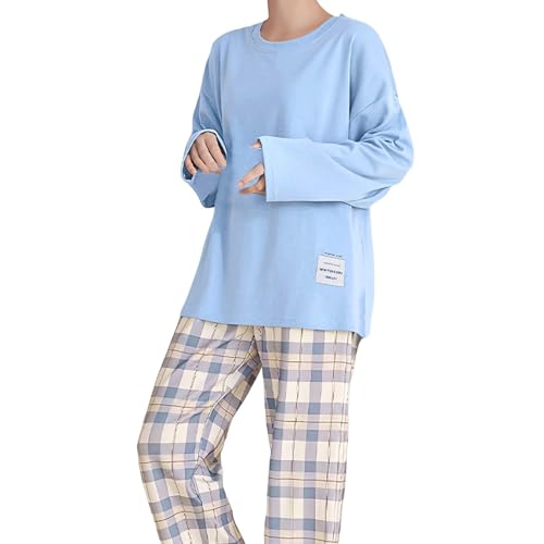 Generisch Schlafanzug Damen Lang, Kuschel Pyjama Set Winter Nachtwäsche Casual Damenpyjama Soft Hausanzug Zweiteiler Loungewear Langarm Shirt und Karierte Hose, M-XXL von Generisch