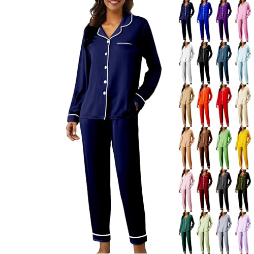 Generisch Schlafanzug Damen Lang, Schlafanzüge Für Damen Lang, Satin Schlafanzüge Langarm Pyjamas Set Mit Knopfleiste Zweiteiliger Nachtwäsche V-Ausschnitt Loungewear Hausanzug Pjs Sets von Generisch