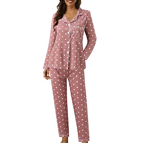 Generisch Schlafanzug Damen Lang Baumwolle,Schlafanzug Damen Winter mit Knopfleiste V -Neck Nachtwäsche Langarm Karierte Oberteil und Hose Zweiteiliger Warmer Sleepwear Pyjamas Set von Generisch
