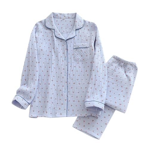 Generisch Schlafanzug Damen Lang Baumwolle Zweiteiler Pjama Nachtwäsche mit Knopfleiste Bequeme Pyjamahose Sleepwear Hausanzug Pjama Set für Damen Frauen Morgenmantel von Generisch