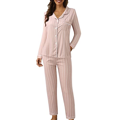 Generisch Schlafanzug Damen Lang Hausanzug Leichter Stretch Weichem Loungewear Revers Langarm Nachtwäsche Und Pyjamahose 2 Teilig Outfit Elegant Casual Lounge Sleep Set Oversized Freizeitanzug von Generisch