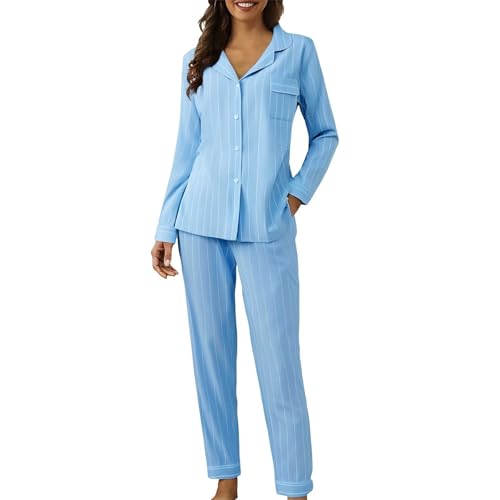 Generisch Schlafanzug Damen Lang Loungewear Mit Karierten Weichem Leichter Schlafanzüge Revers Nachtwäsche Und Pyjamahose 2 Teilig Outfit Elegant Casual Hausanzug Lounge Set Für Zuhause Schlaf von Generisch
