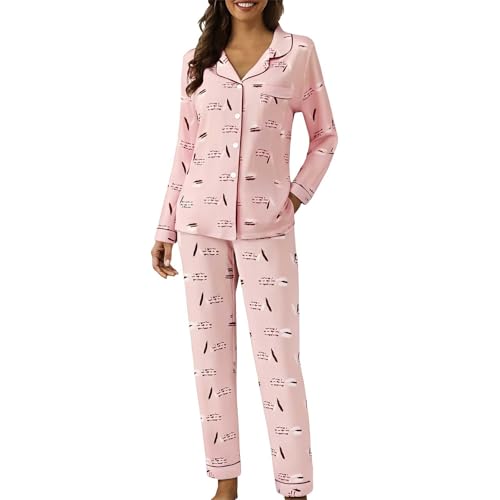 Generisch Schlafanzug Damen Lang Loungewear Mit Karierten Weichem Leichter Schlafanzüge Revers Nachtwäsche Und Pyjamahose 2 Teilig Outfit Elegant Casual Hausanzug Lounge Set Für Zuhause Schlaf von Generisch
