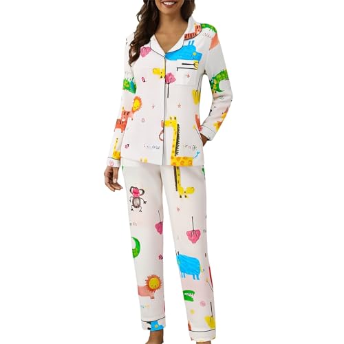 Generisch Schlafanzug Damen Lang Loungewear Mit Karierten Weichem Leichter Schlafanzüge Revers Nachtwäsche Und Pyjamahose 2 Teilig Outfit Elegant Casual Hausanzug Lounge Set Für Zuhause Schlaf von Generisch