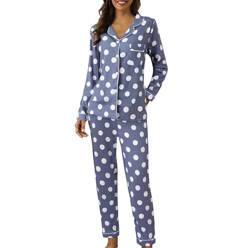 Generisch Schlafanzug Damen Lang Loungewear Mit Karierten Weichem Leichter Schlafanzüge Revers Nachtwäsche Und Pyjamahose 2 Teilig Outfit Elegant Casual Hausanzug Lounge Set Für Zuhause Schlaf von Generisch