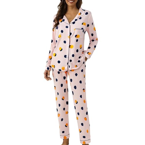 Generisch Schlafanzug Damen Lang Loungewear Mit Karierten Weichem Leichter Schlafanzüge Revers Nachtwäsche Und Pyjamahose 2 Teilig Outfit Elegant Casual Hausanzug Lounge Set Für Zuhause Schlaf von Generisch
