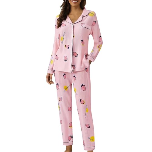 Generisch Schlafanzug Damen Lang Loungewear Mit Karierten Weichem Leichter Schlafanzüge Revers Nachtwäsche Und Pyjamahose 2 Teilig Outfit Elegant Casual Hausanzug Lounge Set Für Zuhause Schlaf von Generisch