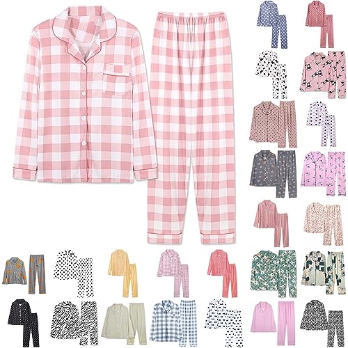 Generisch Schlafanzug Damen Lang Pyjama-Set Mit Knopfleiste Nachtwäsche Zweiteiliger Hausanzug Langarm-Button-Down-Shirt Und Schlafanzughose Polka Dot Sleepwear Karierte Loungewear Musselin Set von Generisch