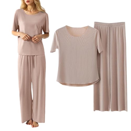 Generisch Schlafanzug Damen Sommer Sommer Kurz/lang Hose Eisseide Zweiteiliger Pyjama Set Loungewear Kurzarm Nachtwäsche Einfarbig Sleepwear Hausanzug Leichtes Bequemes Casual Matching Pyjamas, L-4XL von Generisch