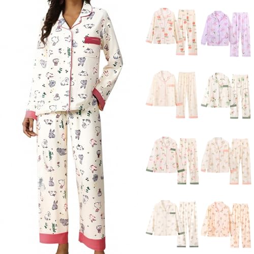 Generisch Schlafanzug Damen Zweiteiliger Damen Pyjama Set Herbst Winter mit Knopfleiste V-Ausschnitt Pyjama Set Umlegekragen für Frauen Lange Hose mit Gummibund Zweiteiliger Sleepwear von Generisch
