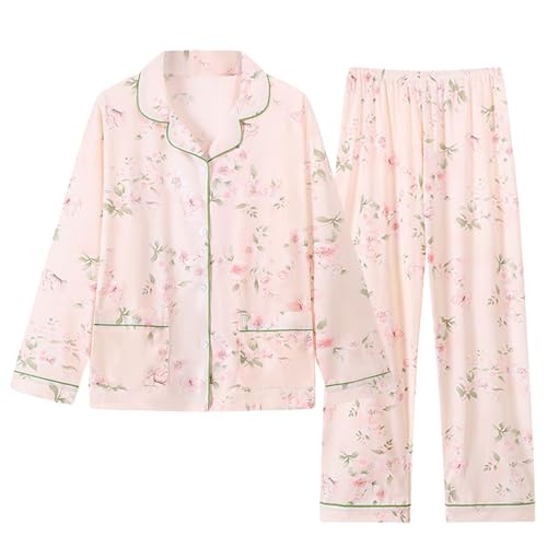 Generisch Schlafanzug Damen Zweiteiliger Damen Pyjama Set Herbst Winter mit Knopfleiste V-Ausschnitt Pyjama Set Umlegekragen für Frauen Lange Hose mit Gummibund Zweiteiliger Sleepwear von Generisch