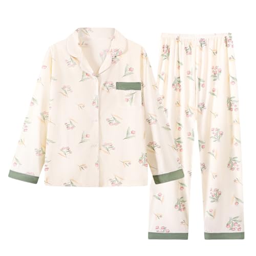 Generisch Schlafanzug Damen Zweiteiliger Damen Pyjama Set Herbst Winter mit Knopfleiste V-Ausschnitt Pyjama Set Umlegekragen für Frauen Lange Hose mit Gummibund Zweiteiliger Sleepwear von Generisch