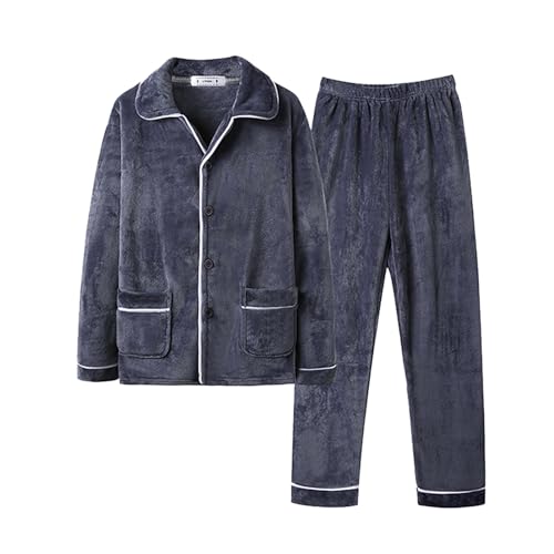 Generisch Schlafanzug Herren Lang Winter Baumwolle Zweiteiliger Nightwear Set Nachtwäsche Hausanzug Kuschelig Fleece Pyjama Langarm Shirt und Pyjamahose mit Tasche Schlafanzüge für Männer von Generisch