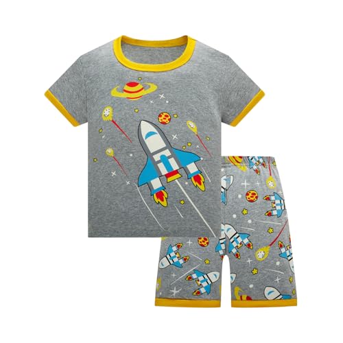 Generisch Schlafanzug Jungen Kinder Baumwolle Nachtwäsche Kurzarm Shorty Pyjamas Set Dinosaurier Traktor Bagger Weltraum Planeten Zweiteiliger Schlafanzug Junge Maedchen Sommer,Gelb,130 von Generisch