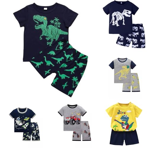 Generisch Schlafanzug Jungen Kinder Baumwolle Nachtwäsche Kurzarm Shorty Pyjamas Set Dinosaurier Traktor Bagger Weltraum Planeten Zweiteiliger Schlafanzug Junge Maedchen Sommer,Grün, von Generisch