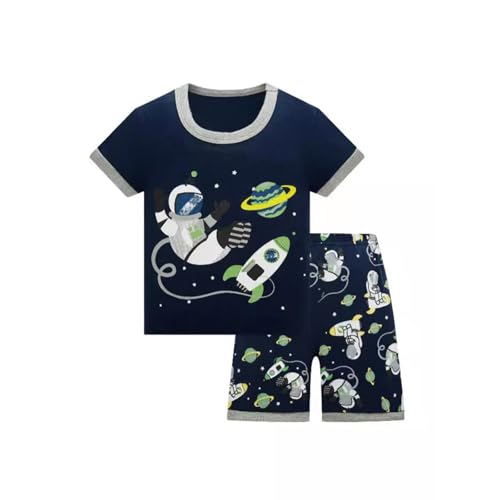 Generisch Schlafanzug Jungen Kinder Baumwolle Nachtwäsche Kurzarm Shorty Pyjamas Set Dinosaurier Traktor Bagger Weltraum Planeten Zweiteiliger Schlafanzug Junge Maedchen Sommer,Schwarz,130 von Generisch