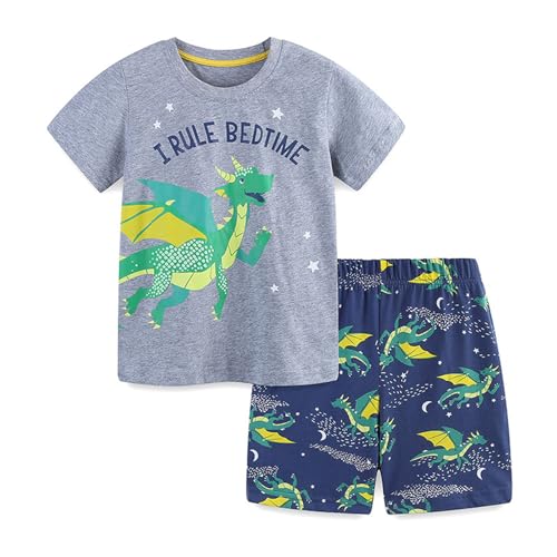 Generisch Schlafanzug Kinder Jungen Kurzarm T-Shirt und Passender Shorts Top Rundhals+Hosen Kurzärmliger Pyjama Set Einfarbig Casual Pyjamaset Baumwolle für 1-8 Jahre von Generisch