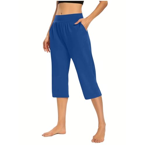 Generisch Schlafhose Damen Sommer 3/4, Pyjamahose Damen Lang Mit Bündchen Einfarbig Heimhose Mit Taschen Weich Bequeme Pyjamahose Größe S-3Xl Lockere Leicht Schlafanzughose Mit Elastische Taille von Generisch