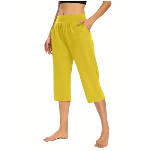 Schlafhose Damen Sommer 3/4, Pyjamahose Damen Lang Mit Bündchen Einfarbig Heimhose Mit Taschen Weich Bequeme Pyjamahose Größe S-3Xl Lockere Leicht Schlafanzughose Mit Elastische Taille von Generisch