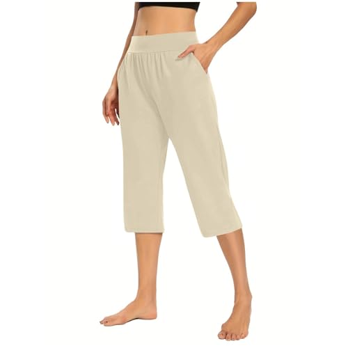 Generisch Schlafhose Damen Sommer 3/4, Pyjamahose Damen Lang Mit Bündchen Einfarbig Heimhose Mit Taschen Weich Bequeme Pyjamahose Größe S-3Xl Lockere Leicht Schlafanzughose Mit Elastische Taille von Generisch