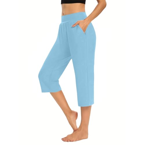 Generisch Schlafhose Damen Sommer 3/4, Pyjamahose Damen Lang Mit Bündchen Einfarbig Heimhose Mit Taschen Weich Bequeme Pyjamahose Größe S-3Xl Lockere Leicht Schlafanzughose Mit Elastische Taille von Generisch