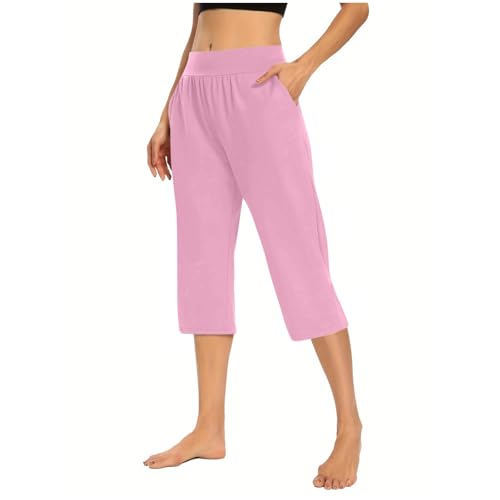 Generisch Schlafhose Damen Sommer 3/4, Pyjamahose Damen Lang Mit Bündchen Einfarbig Heimhose Mit Taschen Weich Bequeme Pyjamahose Größe S-3Xl Lockere Leicht Schlafanzughose Mit Elastische Taille von Generisch