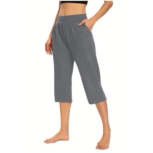 Generisch Schlafhose Damen Sommer 3/4, Pyjamahose Damen Lang Mit Bündchen Einfarbig Heimhose Mit Taschen Weich Bequeme Pyjamahose Größe S-3Xl Lockere Leicht Schlafanzughose Mit Elastische Taille von Generisch
