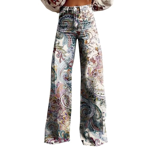 Generisch Schlaghose Damen Jeans mit Muster High Waist Baggy Jeanshose Y2K Streetwear Denimhose Extra Lang Damenjeans Lockere Passform Ausgestellte Jeans Flard Fit Bootcut Damenhose 90 Jahre Outfit von Generisch