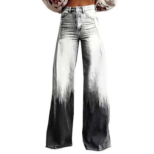 Generisch Schlaghose Damen Jeans mit Muster High Waist Baggy Jeanshose Y2K Streetwear Denimhose Extra Lang Damenjeans Lockere Passform Ausgestellte Jeans Flard Fit Bootcut Damenhose 90 Jahre Outfit von Generisch