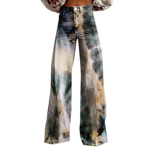 Generisch Schlaghose Damen Jeans mit Muster High Waist Baggy Jeanshose Y2K Streetwear Denimhose Extra Lang Damenjeans Lockere Passform Ausgestellte Jeans Flard Fit Bootcut Damenhose 90 Jahre Outfit von Generisch