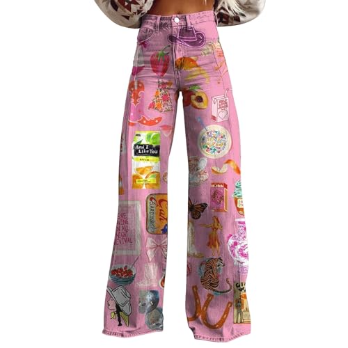 Generisch Schlaghose Damen Jeans mit Muster Weites Bein Bootcut Schlupfjeans Jeanshose Vintage High Waist Boyfriendjeans Lockere Passform Denim Hose Stilvoll Retro Damenjeans 90 Jahre Outfit von Generisch