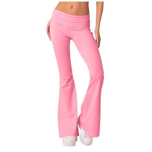 Generisch Schlaghose Damen Must Haves 2024 Mode Elegant Musselin Hose Slim Yogahose Niedriger Taille Radlerhose Jogginghose Sporthose Wanderhose Elastischer Bund Legging Freizeithose(1-Pink,S) von Generisch