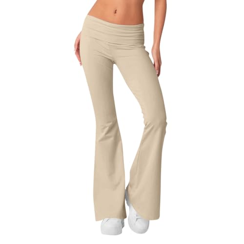 Generisch Schlaghose Damen Must Haves 2024 Mode Elegant Musselin Hose Slim Yogahose Niedriger Taille Radlerhose Jogginghose Sporthose Wanderhose Elastischer Bund Legging Freizeithose(2-Khaki,L) von Generisch