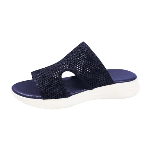 Generisch Schlappen Mit Plateau Damen Schwarz Mesh Hausschuhe Peeptoe Sandaletten Slip-On Pantoletten Mit Weichen Sohlen Rutschfest Slippers Flach Sommersandalen Leicht Strandsandalen Gr.36-43 von Generisch